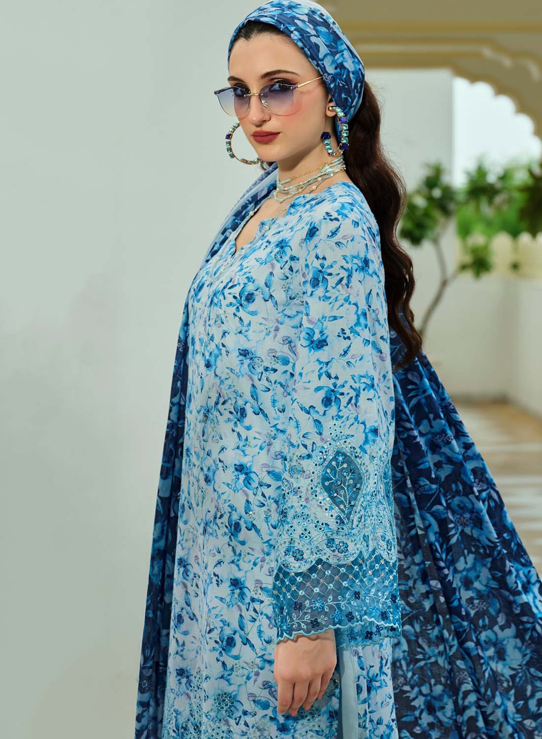 Pure Cotton Unstitched Pakistani Suit Dress Material with Embroidery Blue