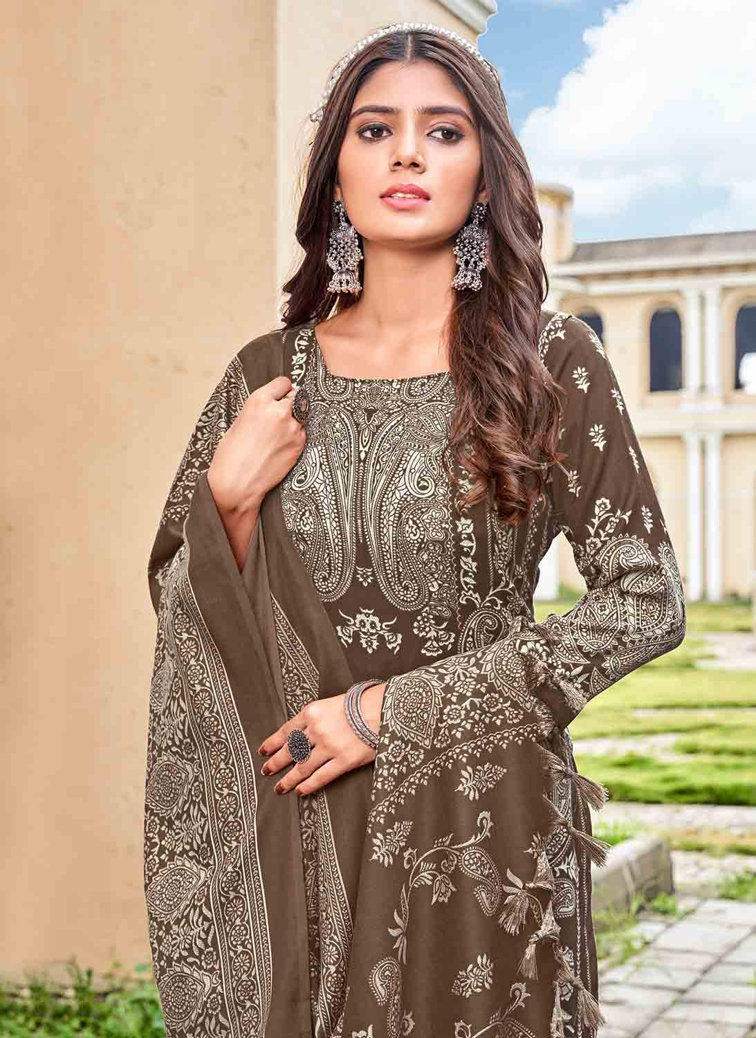 Unstitched Brown Pashmina Winter Suits Dress Material for Ladies Radha Fab