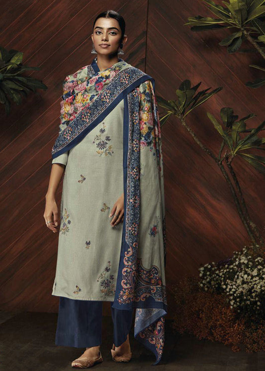Ganga Woolen Pashmina Green Winter Suit Dress Material for Women