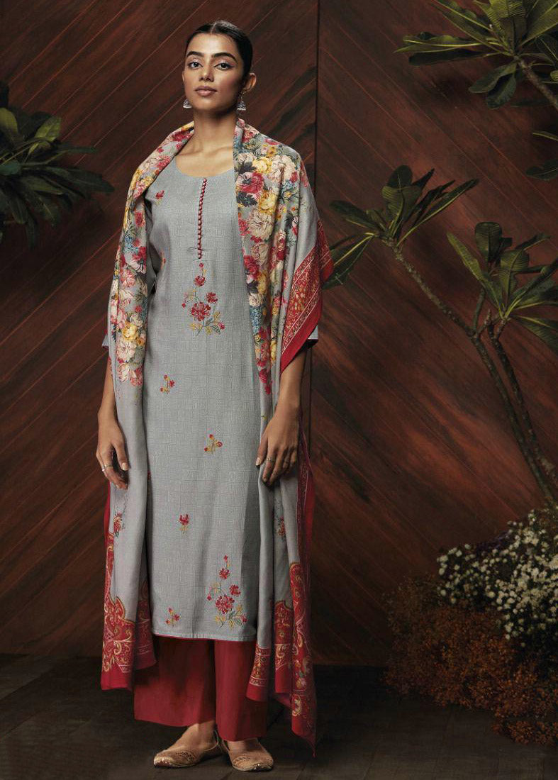 Ganga Woolen Pashmina Grey Winter Suit Dress Material for Women Ganga