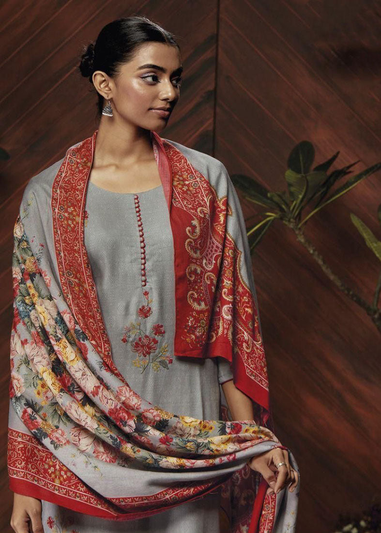 Ganga Woolen Pashmina Grey Winter Suit Dress Material for Women Ganga