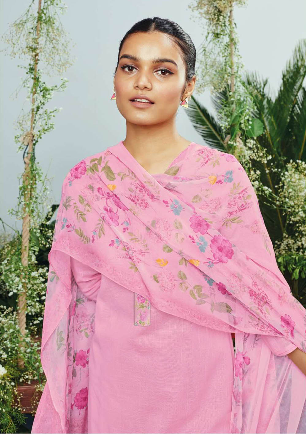 Ganga Premium Cotton Linen Unstitched Pink Women Suit Material Ganga