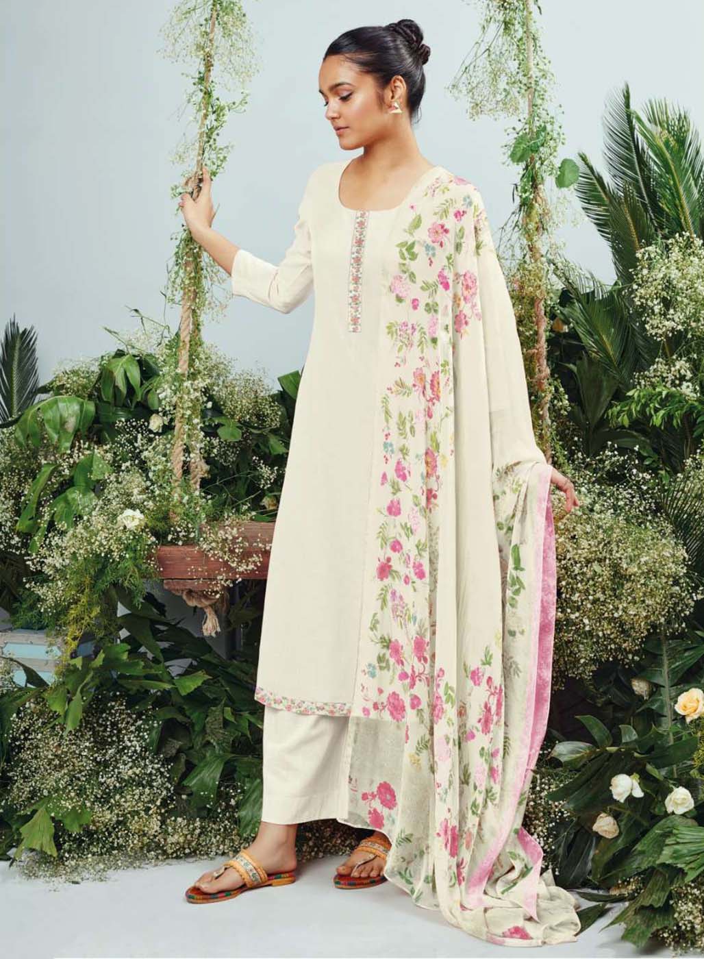 Ganga Cotton Linen Unstitched Off-White Women Suit Material