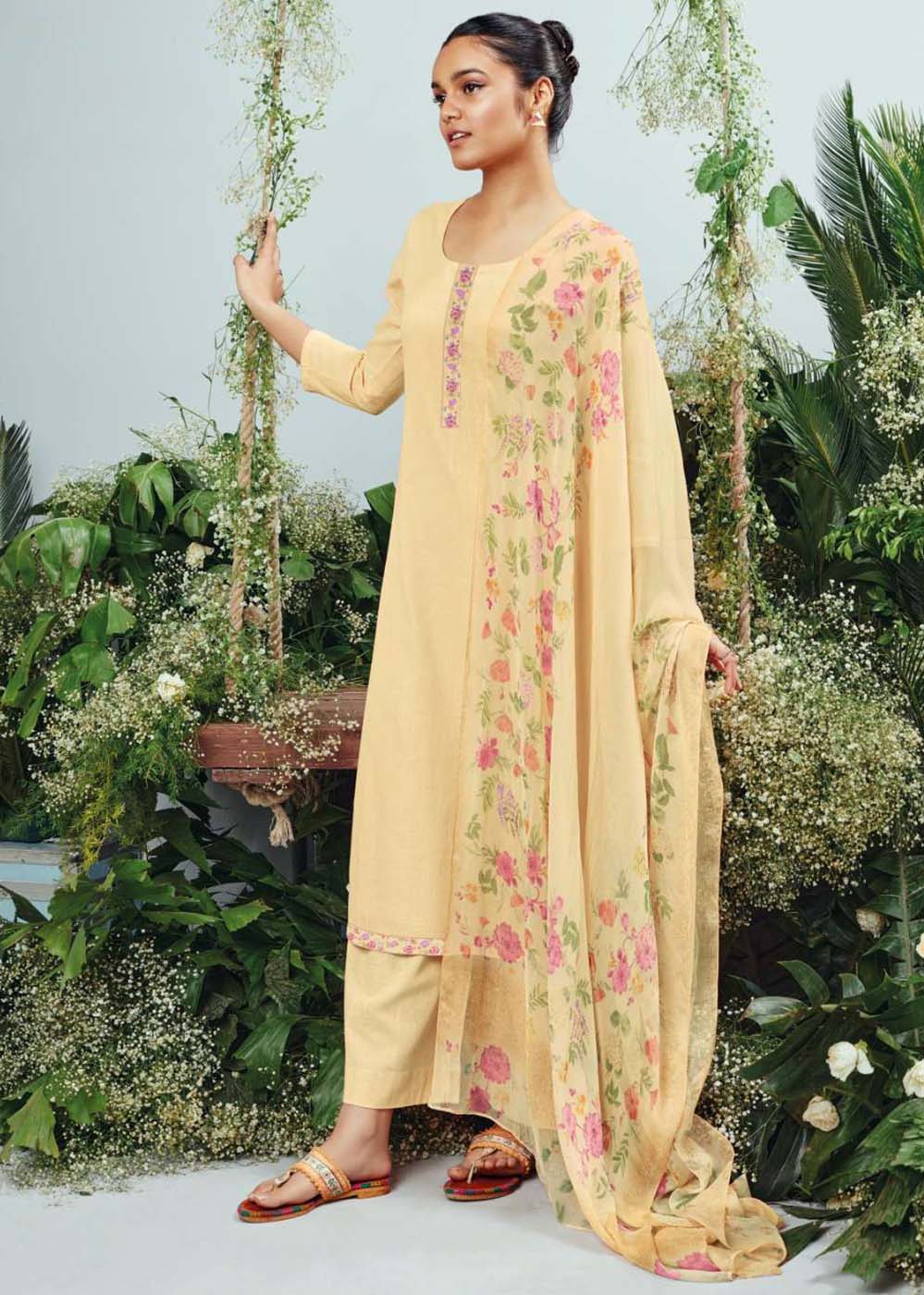 Ganga Cotton Linen Unstitched Yellow Women Suit Material Dupatta