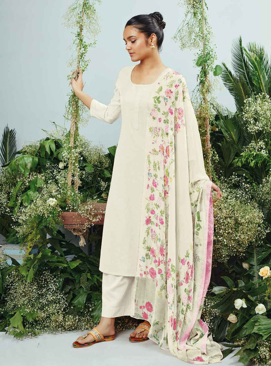 Ganga Cotton Linen Unstitched Off-White Women Suit Material