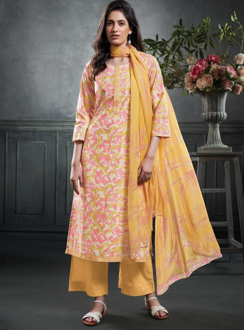 Ganga Pure Cotton Yellow Unstitched Printed Suit Material for Women