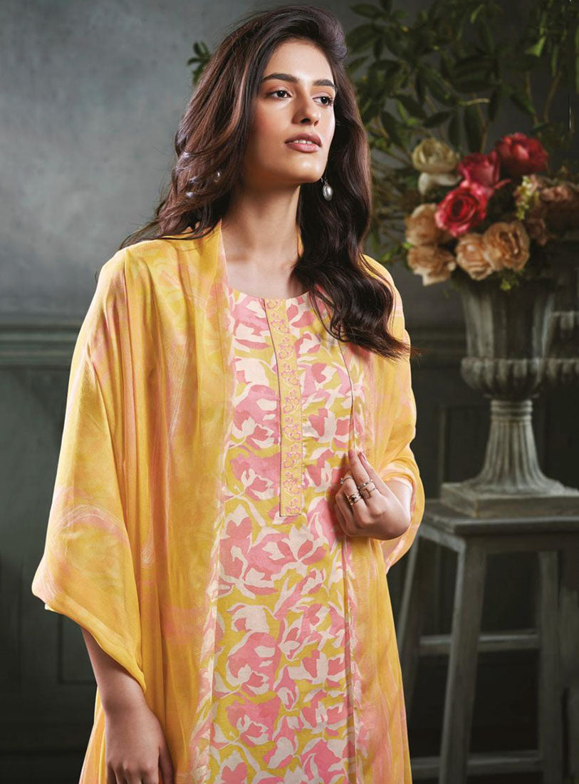 Ganga Pure Cotton Yellow Unstitched Printed Suit Material for Women