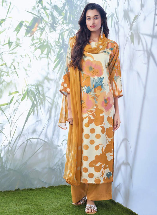 Ganga Unstitched Yellow Woolen Pashmina Printed Winter Suit for Ladies Ganga