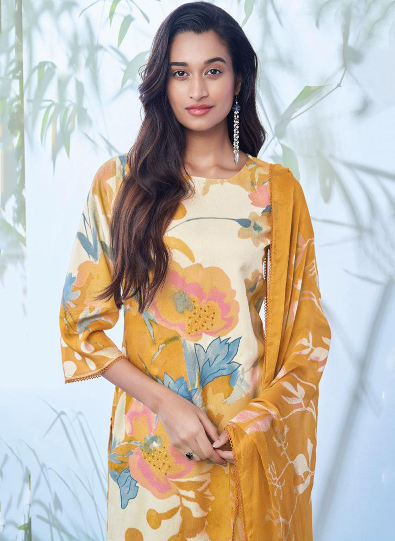 Ganga Unstitched Yellow Woolen Pashmina Printed Winter Suit for Ladies