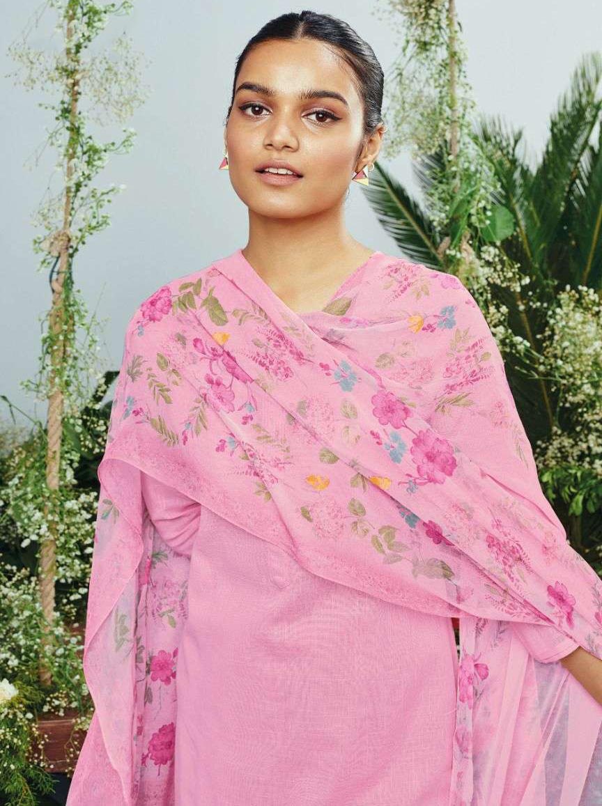 Ganga Premium Cotton Linen Unstitched Pink Women Suit Material