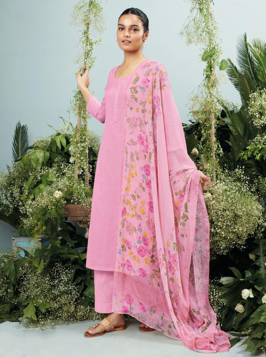 Ganga Premium Cotton Linen Unstitched Pink Women Suit Material