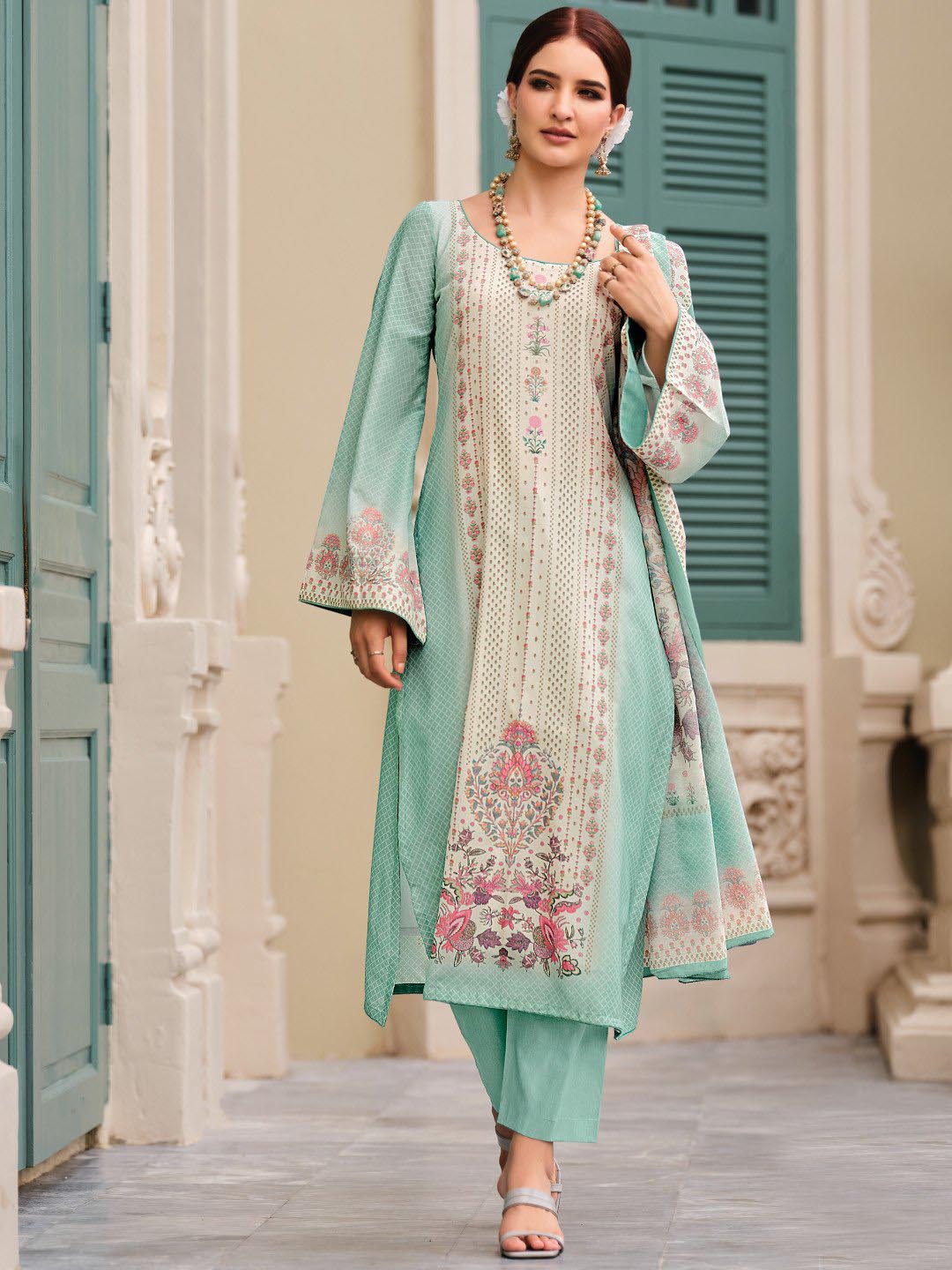 Green Cotton Printed Unstitched Women Salwar Suit Fabric Fida