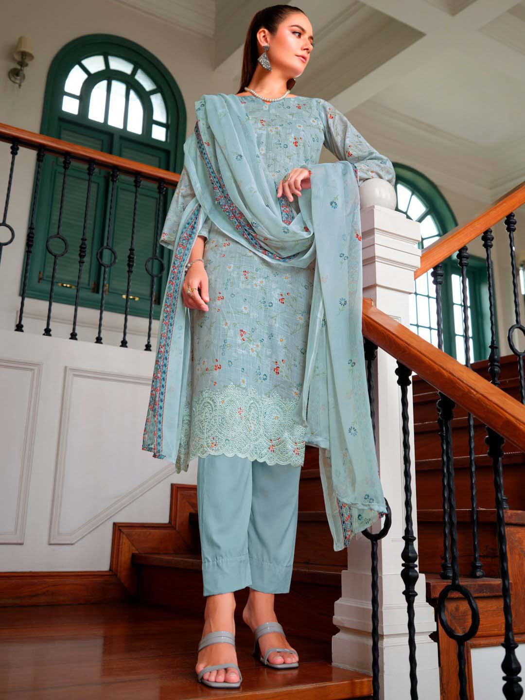 Belliza Cotton Linen Embroidered Unstitched Salwar Suit Set Grey Belliza