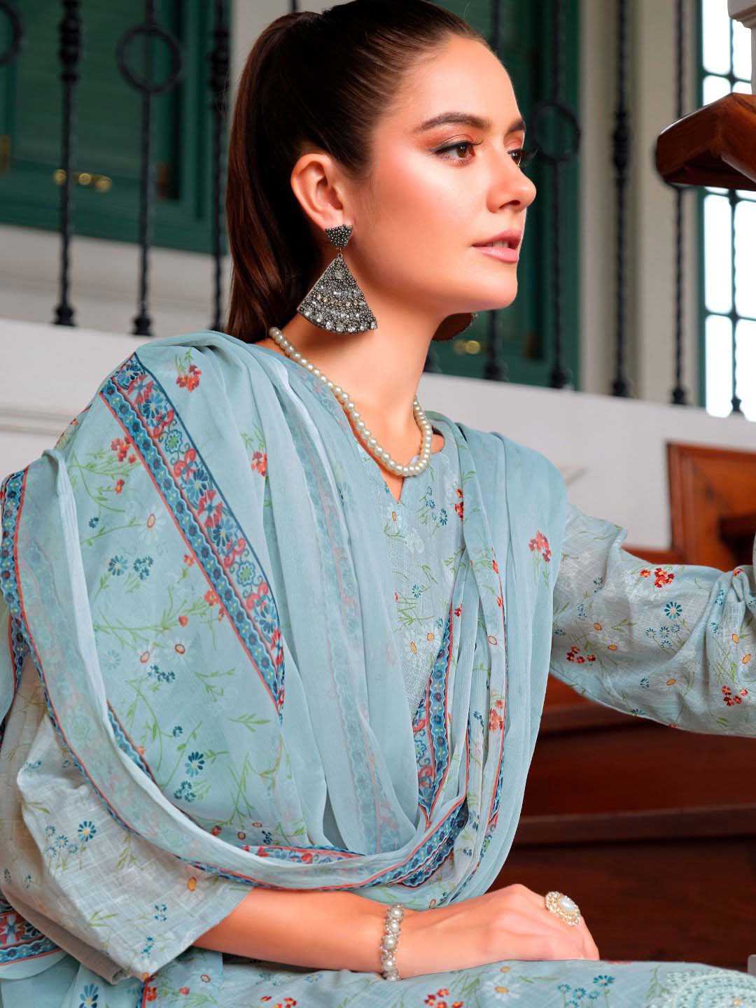 Belliza Cotton Linen Embroidered Unstitched Salwar Suit Set Grey Belliza