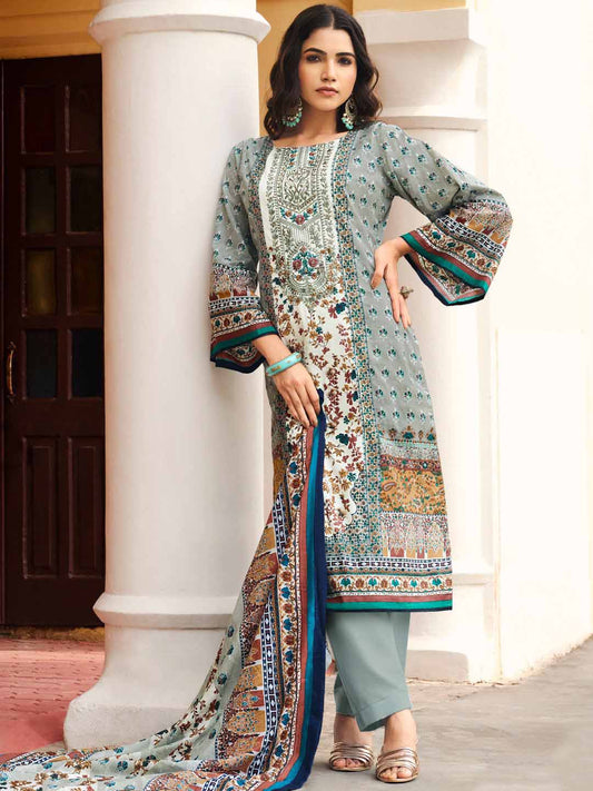 Belliza Pakistani Print Grey Unstitched Women Cotton Suit Material Belliza