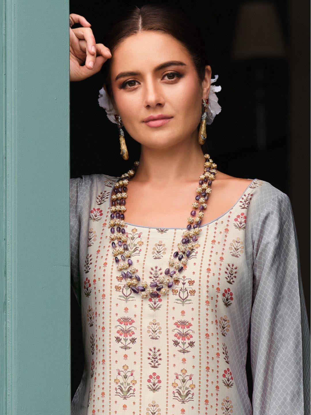 Printed Unstitched Women Cotton Salwar Suit Fabric Grey Fida