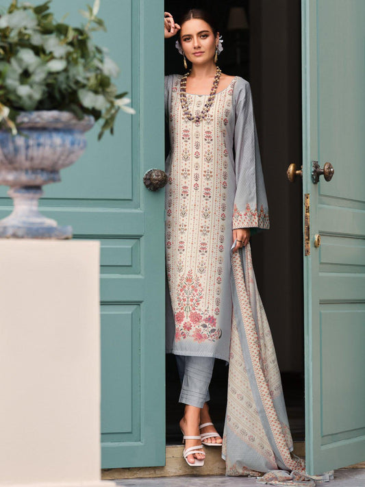 Printed Unstitched Women Cotton Salwar Suit Fabric Grey