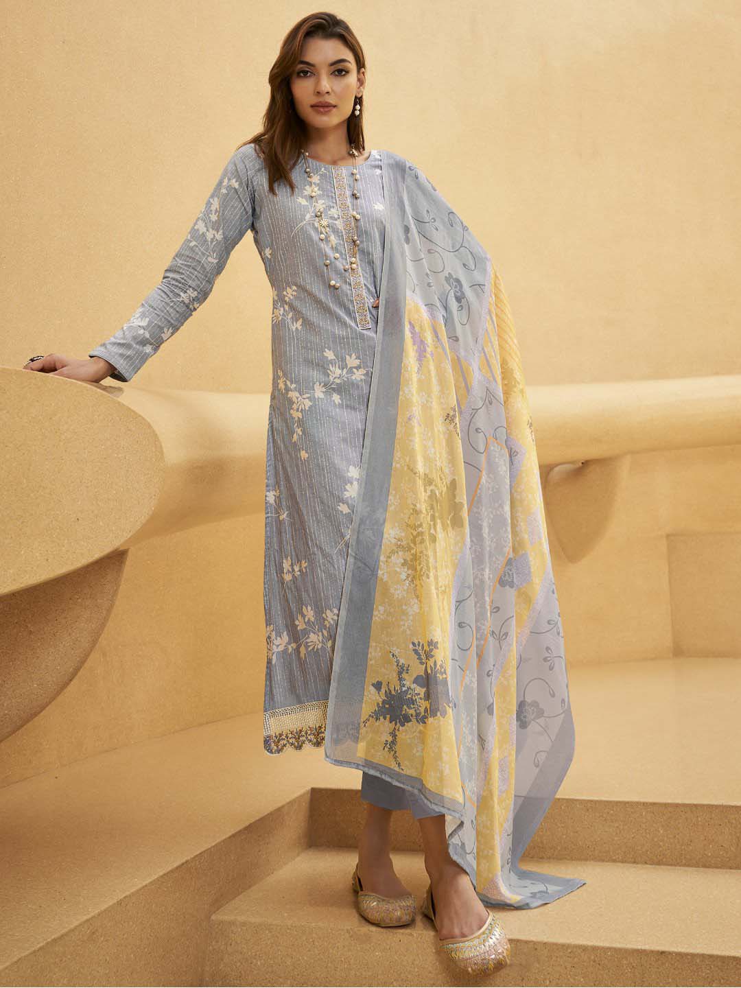 Mumtaz Arts Unstitched Women Lawn Cotton Salwar Suit Set Grey