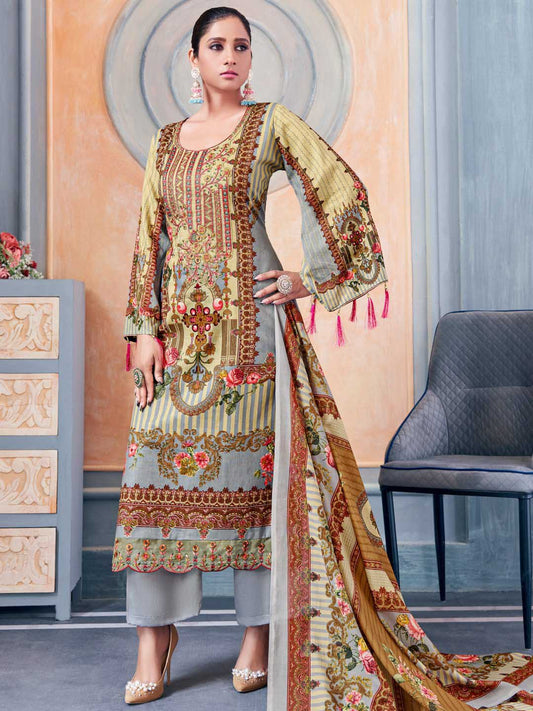 Unstitched Pakistani Print Cotton Suit Fabric with Embroidery Grey