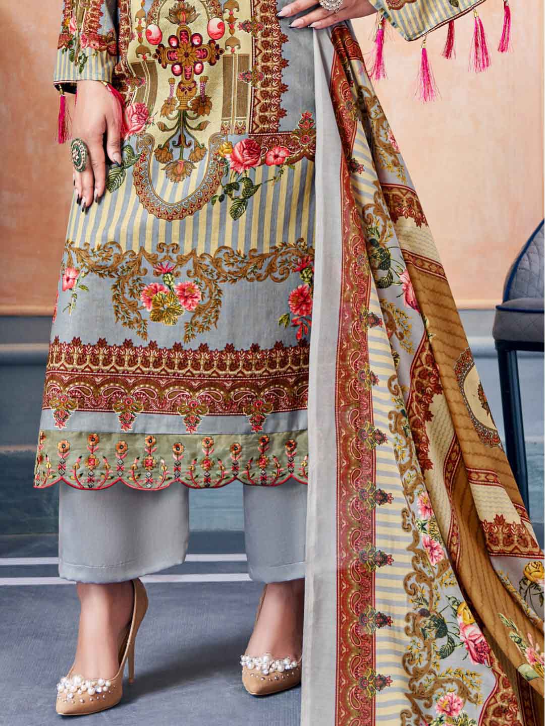 Unstitched Pakistani Print Cotton Suit Fabric with Embroidery Grey