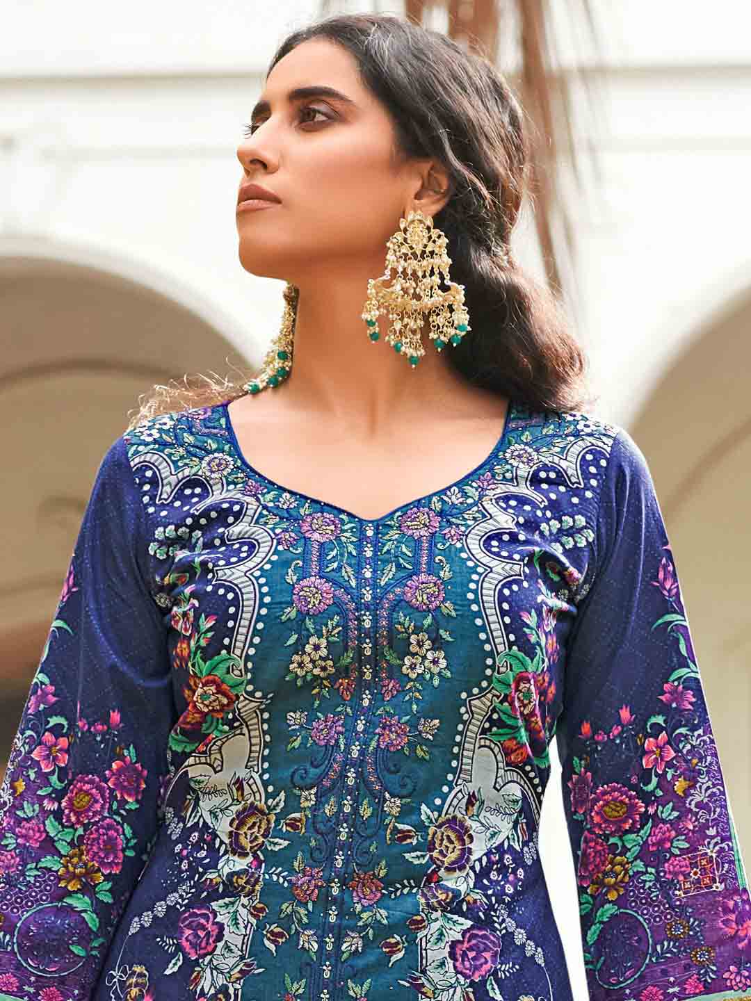 Levisha Pakistani Print Unstitched Cotton Suit Material Blue