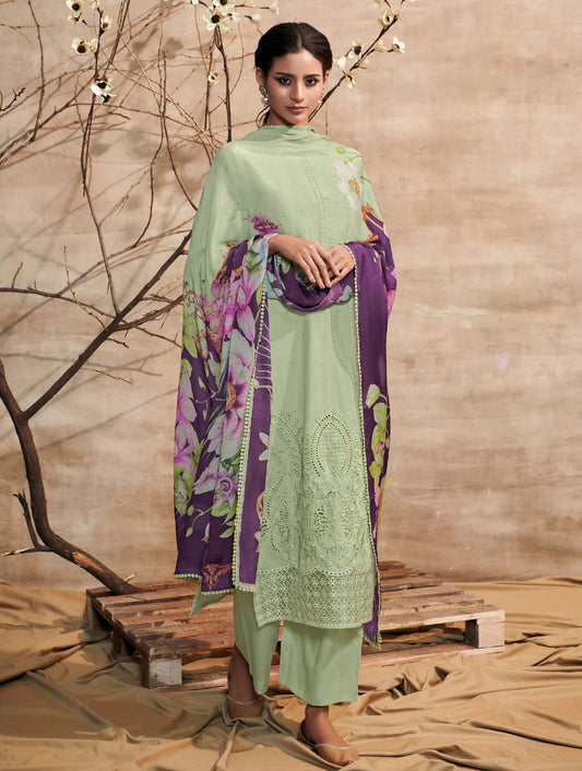 Kimora Cotton Satin Unstitched Suit Dress Material Green Kimora