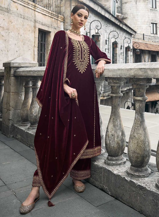 Kilory Party Wear Red Unstitched Velvet Suit Dress Material for Women