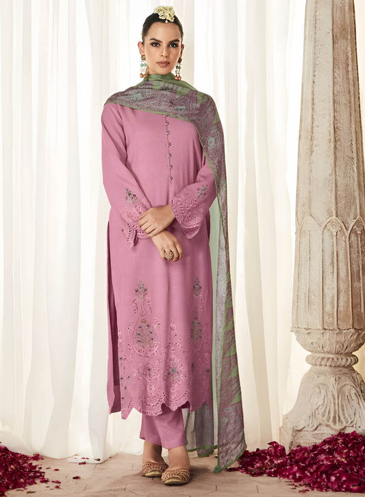 Kimora Pure Pashmina Pink Winter Suit Dress Material with Embroidery