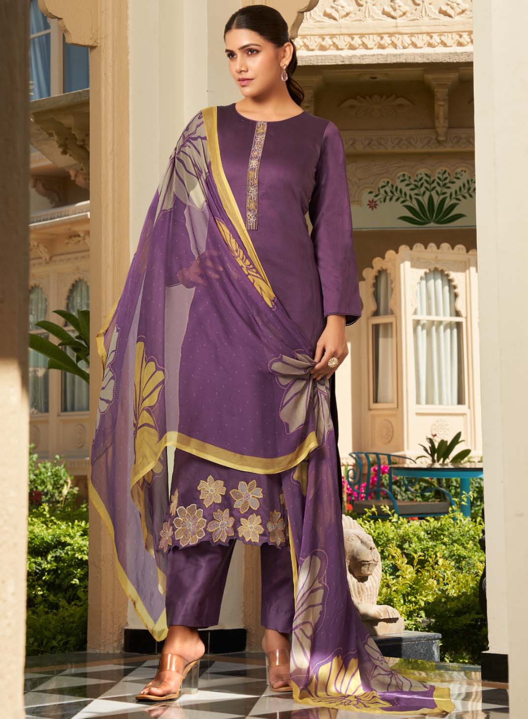 Purple Cotton Satin Unstitched Suit Fabric Dress Material for Women