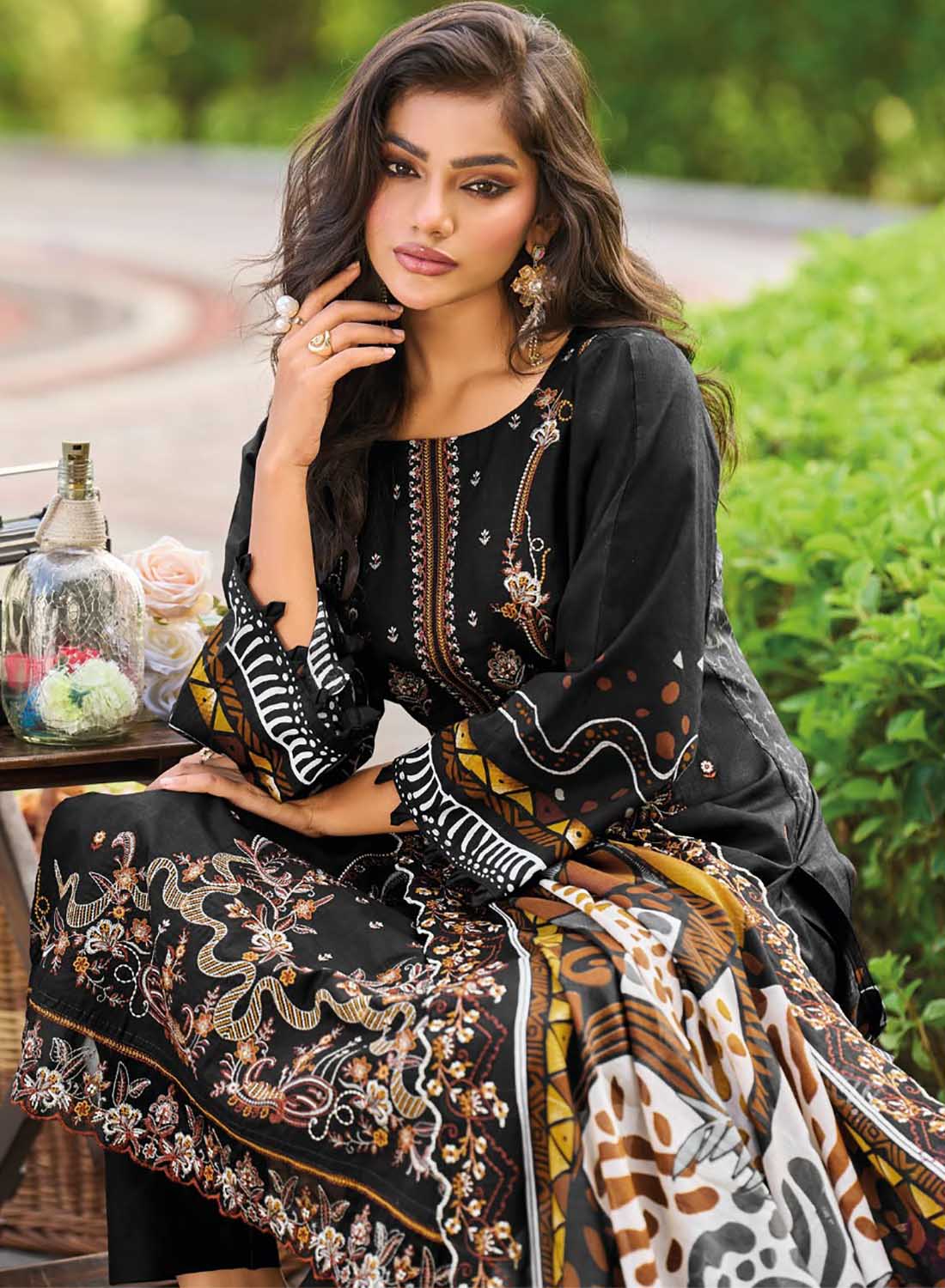 Pure Cotton Unstitched Pakistani Suit Material with Embroidery Black