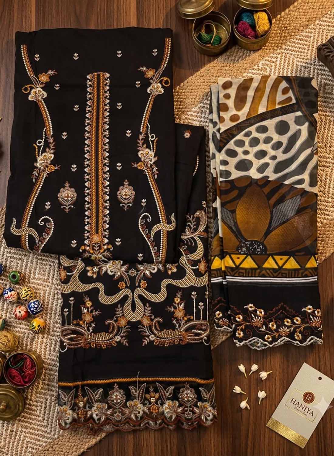 Pure Cotton Unstitched Pakistani Suit Material with Embroidery Black