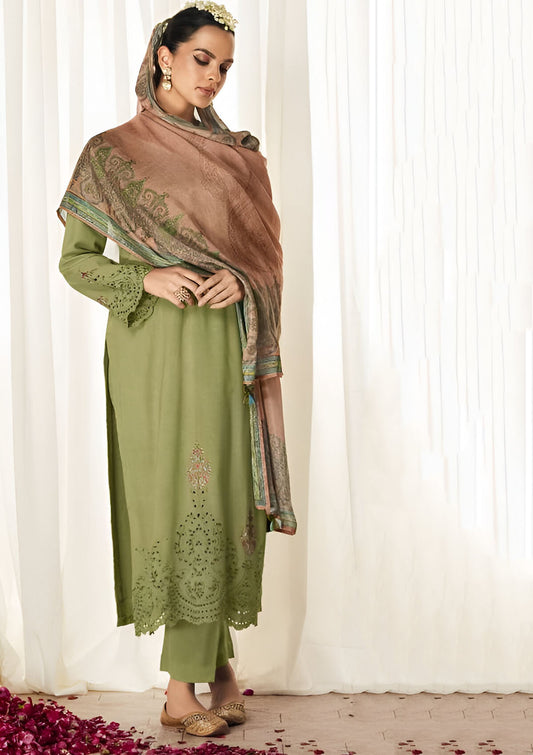 Kimora Pure Pashmina Green Winter Suit Dress Material with Embroidery