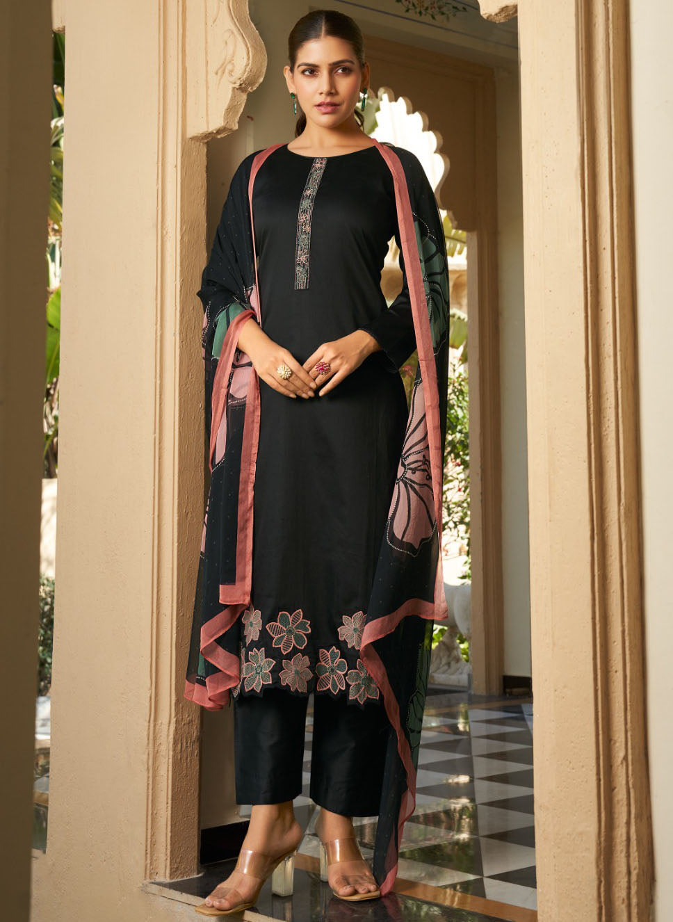 Black Cotton Satin Unstitched Suit Fabric Dress Material for Women