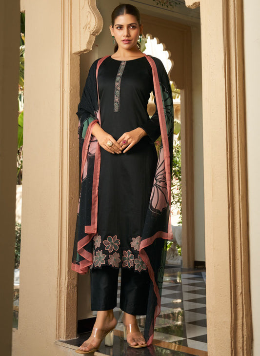 Black Cotton Satin Unstitched Suit Fabric Dress Material for Women
