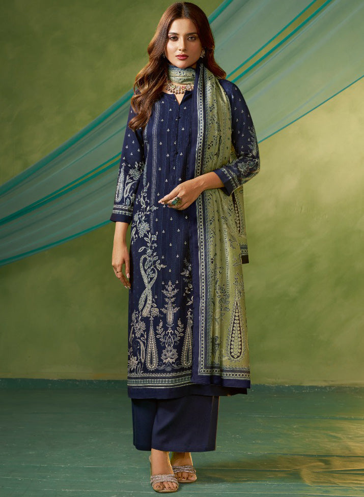 Blue Pashmina Winter Unstitched Salwar Suit Material for Women