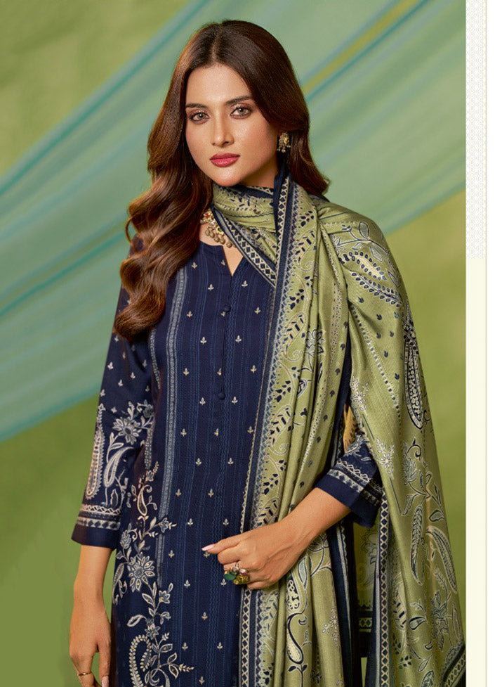 Blue Pashmina Winter Unstitched Salwar Suit Material for Women