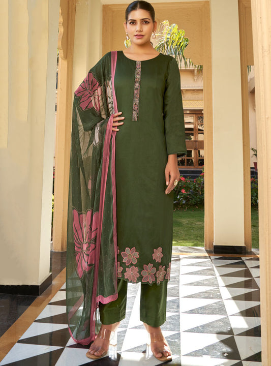 Green Cotton Satin Unstitched Suit Fabric Dress Material for Women