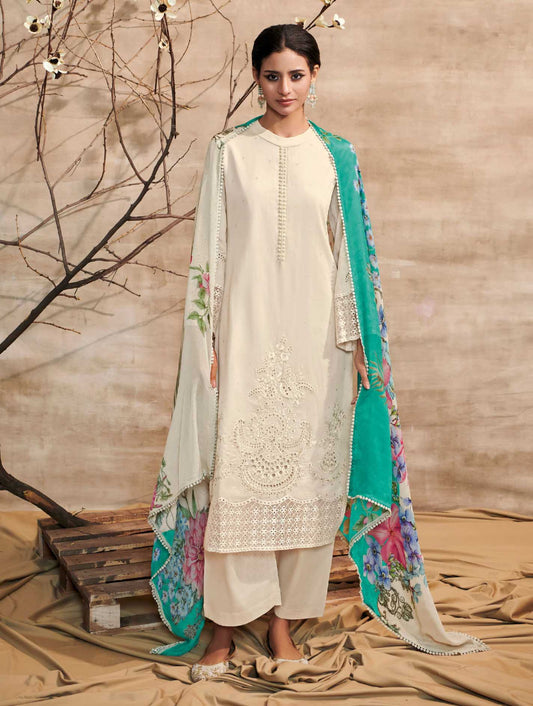 Kimora Cotton Satin Unstitched Suit Dress Material Cream