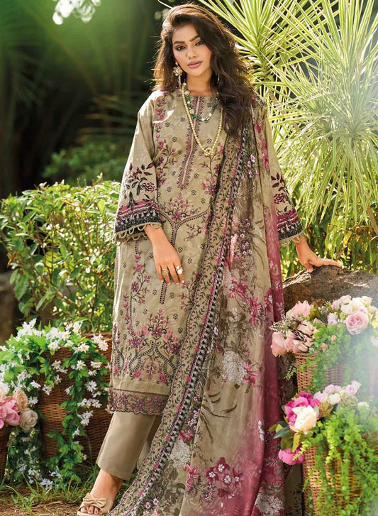 Cotton Unstitched Pakistani Suit Dress Material with Embroidery Brown