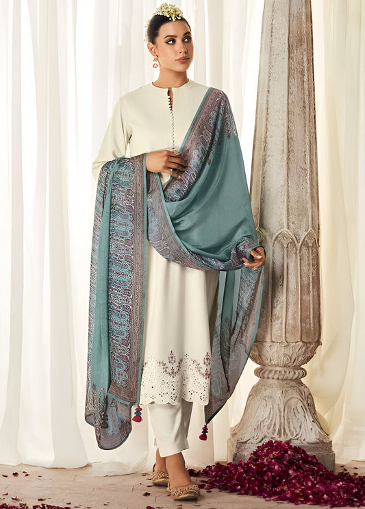 Kimora Pure Pashmina Off-White Winter Suit Dress Material with Embroidery