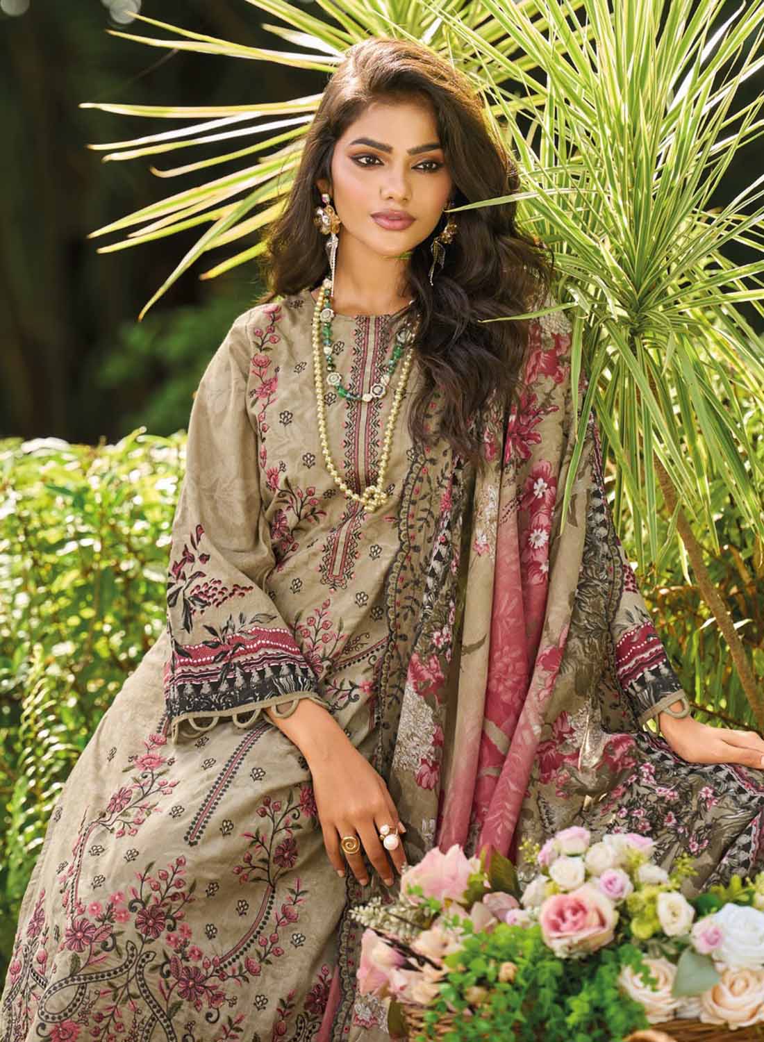 Cotton Unstitched Pakistani Suit Dress Material with Embroidery Brown
