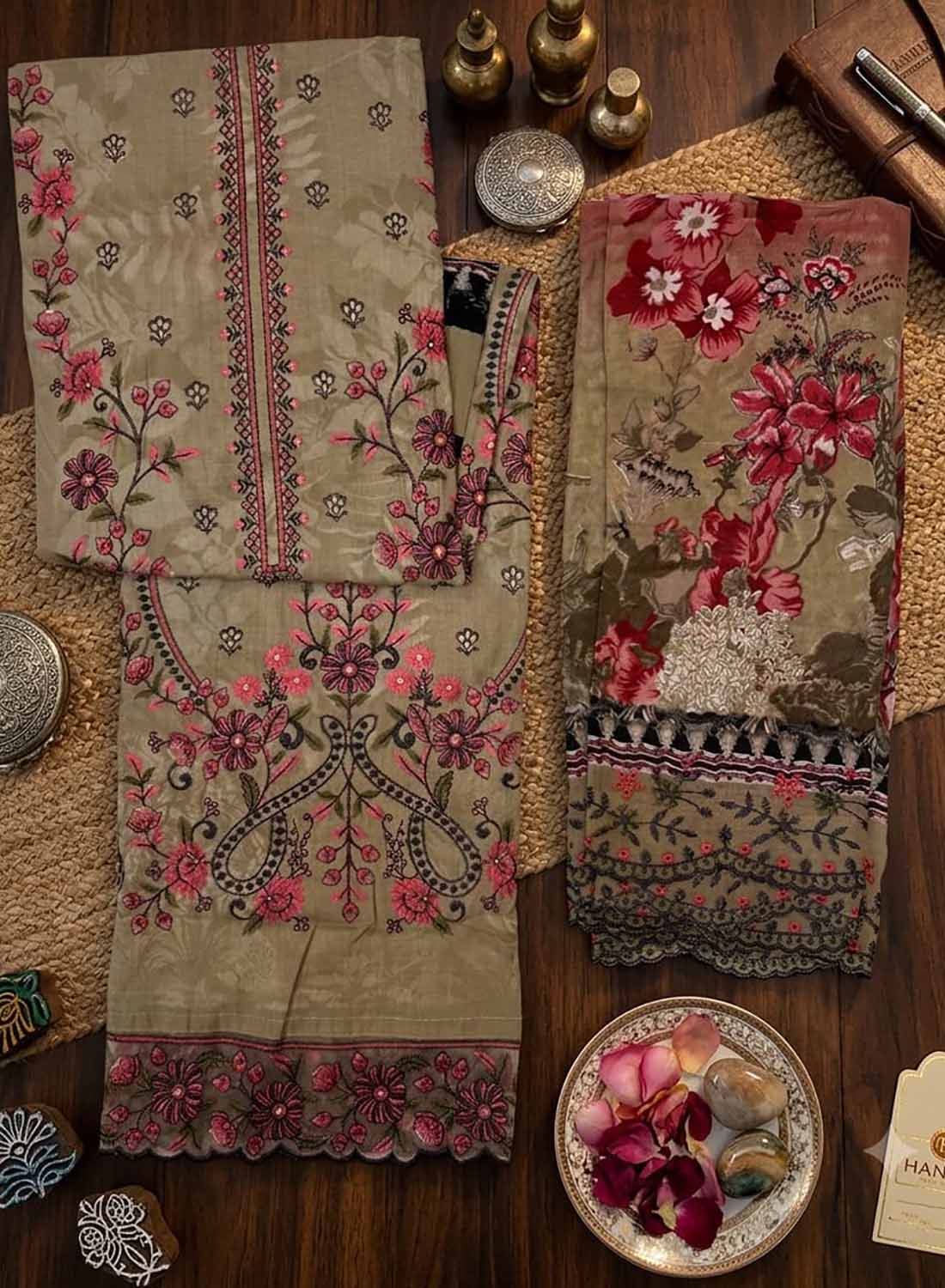 Cotton Unstitched Pakistani Suit Dress Material with Embroidery Brown