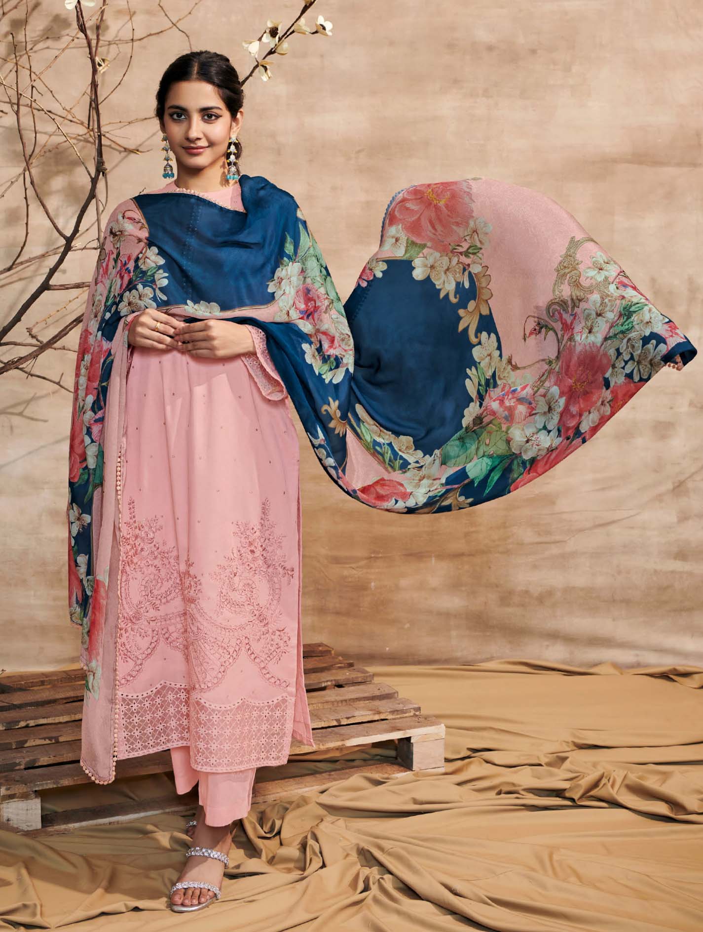 Kimora Cotton Satin Unstitched Suit Dress Material Pink Kimora