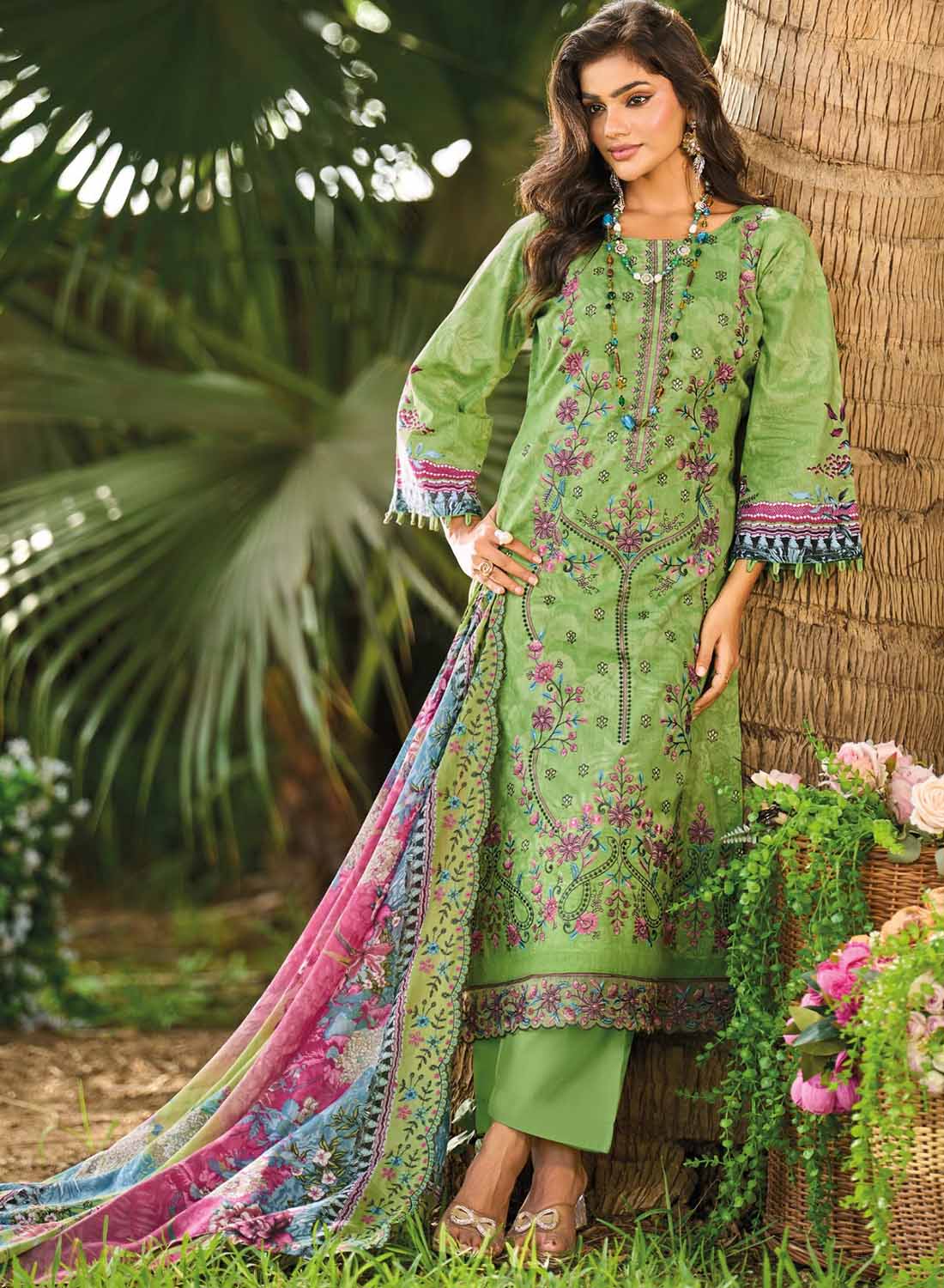 Unstitched Cotton Pakistani Suit Dress Material with Embroidery Green