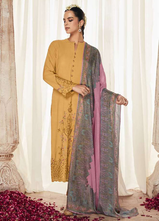 Kimora Pure Pashmina Yellow Winter Suit Dress Material with Embroidery