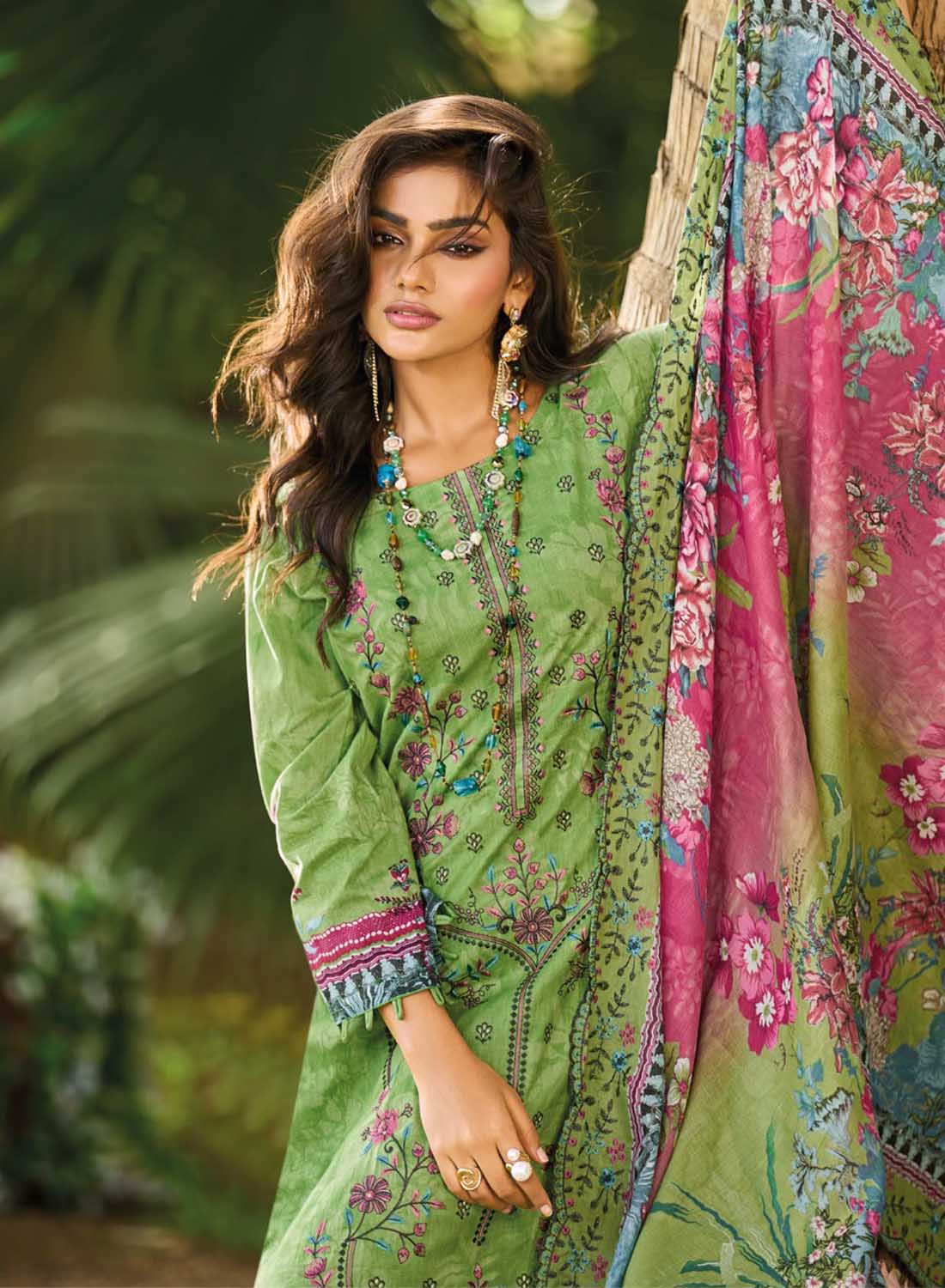Unstitched Cotton Pakistani Suit Dress Material with Embroidery Green