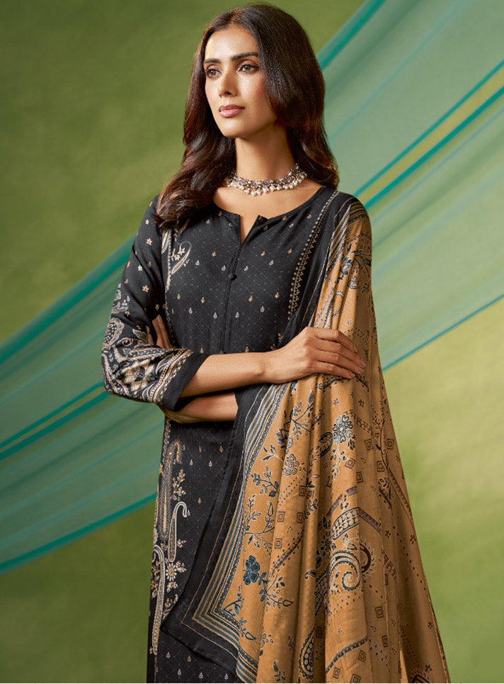 Black Pashmina Winter Unstitched Salwar Suit Material for Women