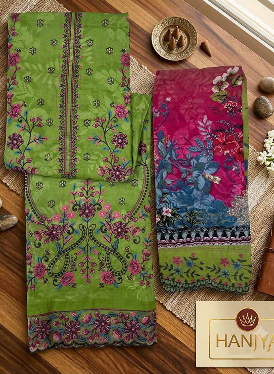 Unstitched Cotton Pakistani Suit Dress Material with Embroidery Green
