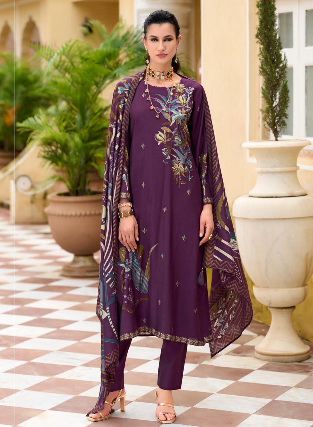 Party Wear Purple Modal Silk Unstitched Salwar Suit Material for Women