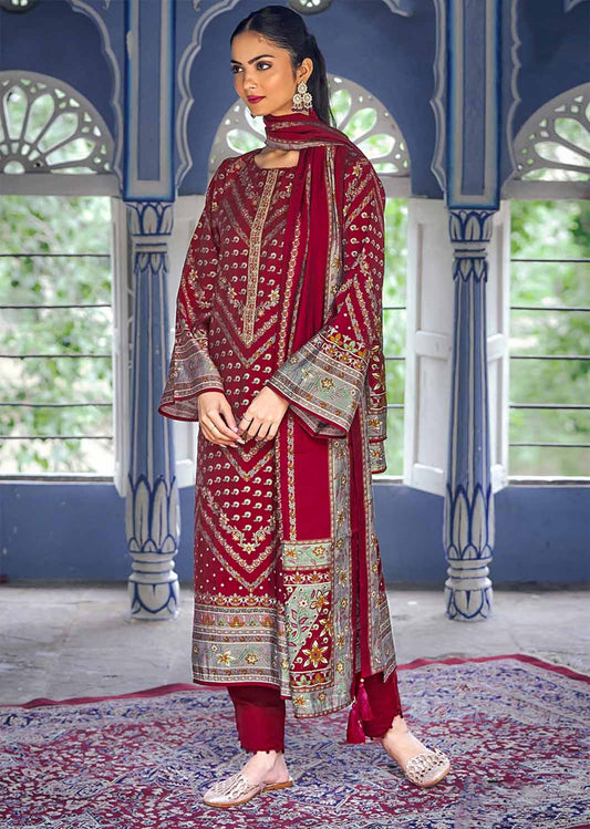 Kilory Party Wear Muslin Maroon Unstitched Women Suit Dress Material